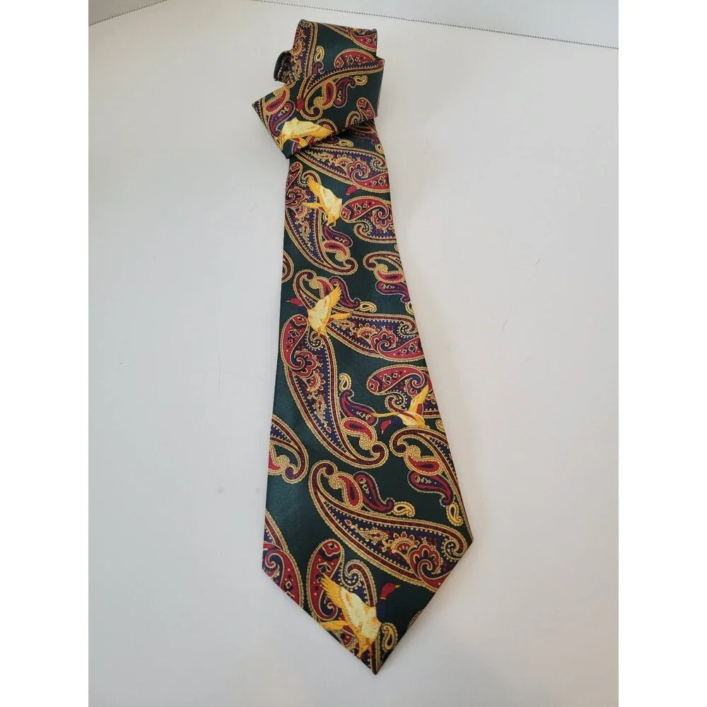 René Chagal‎ Men's Tie Green Red Yellow Paisley Silk Handmade